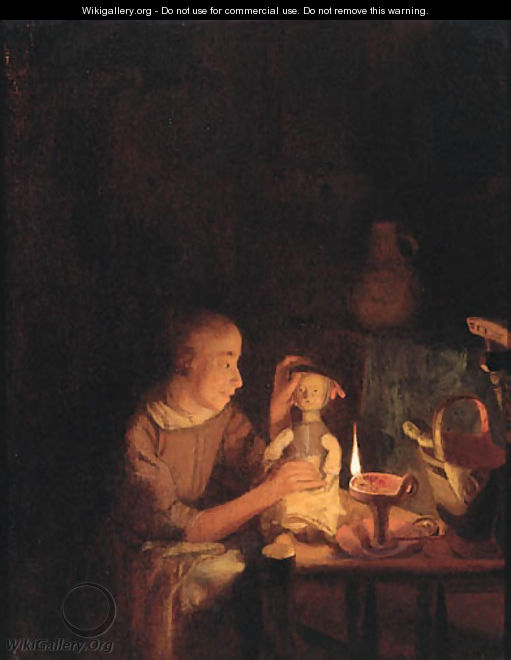 A young girl playing with her doll at a table, in an interior by candlelight - Godfried Schalcken