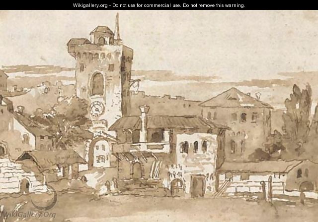View of a village with a tower, after Marco Ricci - Giovanni Domenico Tiepolo