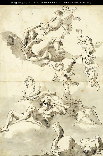 Rivergods, putti and other figures, and a centaur in the sky Study for a ceiling - Giovanni Domenico Tiepolo