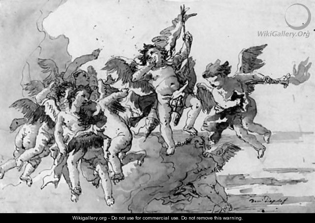 Cupid with putti and a torch amongst clouds - Giovanni Domenico Tiepolo