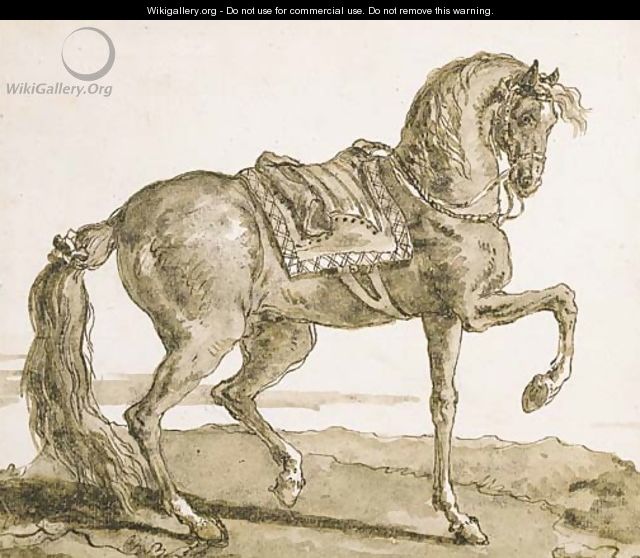 A saddled horse, in profile to the right - Giovanni Domenico Tiepolo