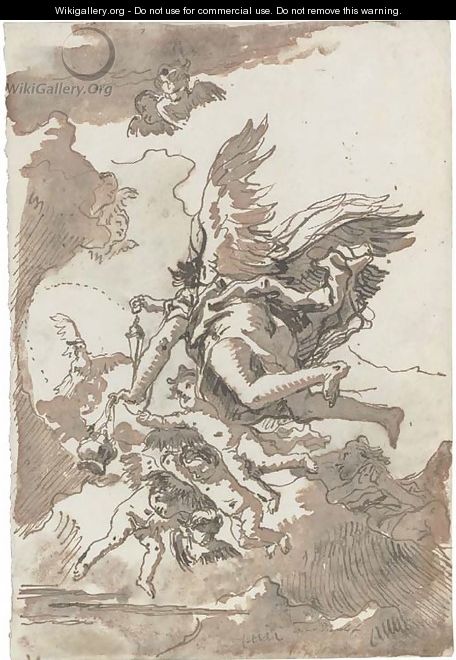A group of angels in flight, one holding a censer - Giovanni Domenico Tiepolo