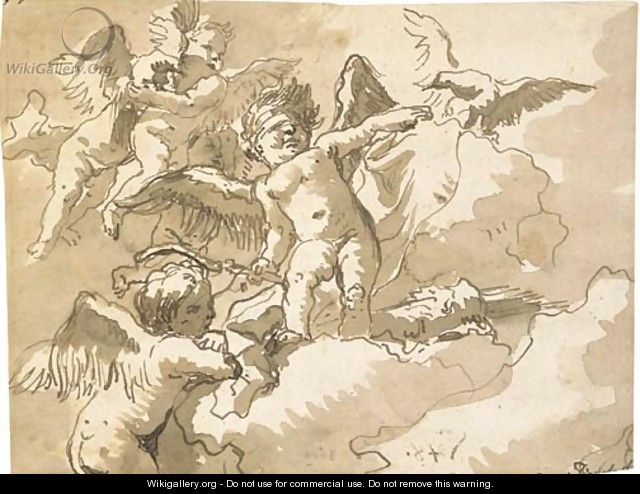A blindfolded putto standing on a cloud with other putti and an eagle - Giovanni Domenico Tiepolo