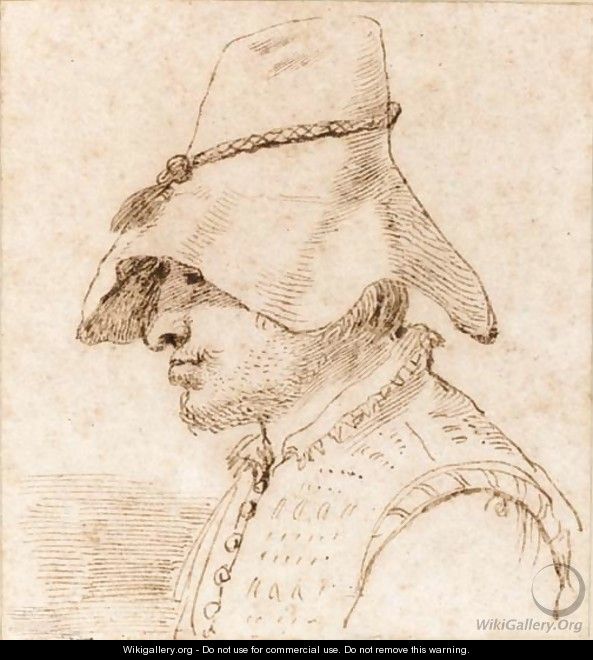 Caricature of a man in a hat in profile to the left, bust length - Giovanni Francesco Guercino (BARBIERI)