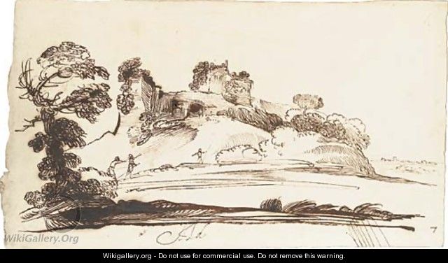 An extensive landscape with a ruined fort on a hill - Giovanni Francesco Guercino (BARBIERI)