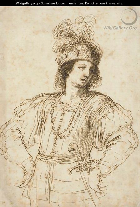 A young man with a sword in elaborate dress, his hands on his hips - Giovanni Francesco Guercino (BARBIERI)