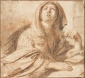 A seated sybil looking up to the left, half-length, resting her hand on a book - Giovanni Francesco Guercino (BARBIERI)