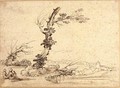A landscape with falconers by a tree - Giovanni Francesco Guercino (BARBIERI)
