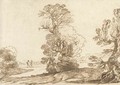 A extensive wooded landscape with two travellers on a road - Giovanni Francesco Guercino (BARBIERI)