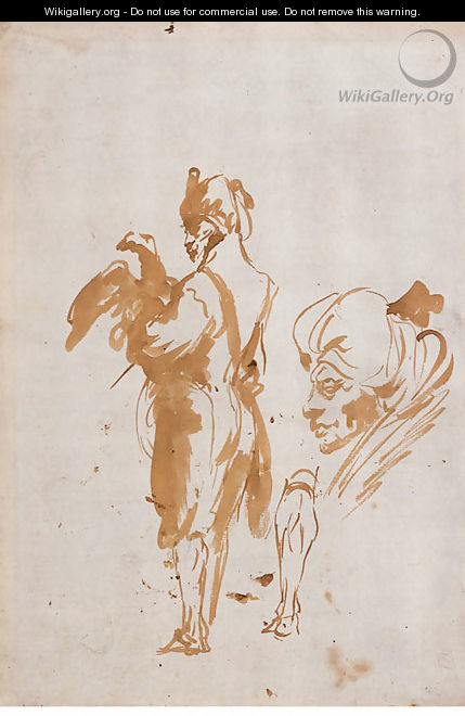 An Oriental holding an Eagle, and a subsidiary study of a head and a leg - Giovanni Domenico Tiepolo