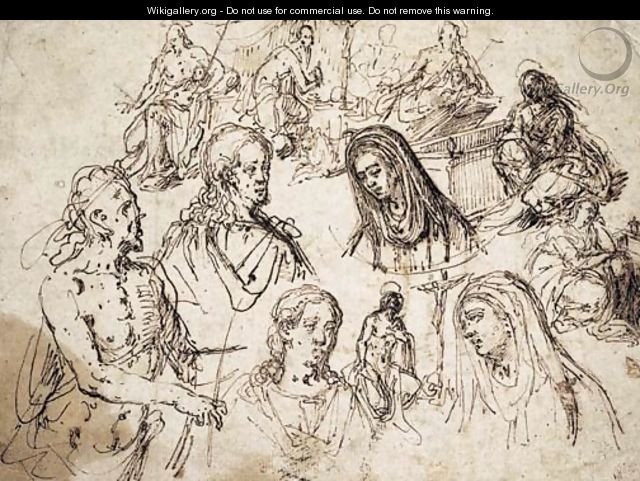 Studies for the Mocking of Christ, the Baptist, the Magdalene, Saint Jerome and heads of Christ and the Virgin - Giovanni Paolo Luini