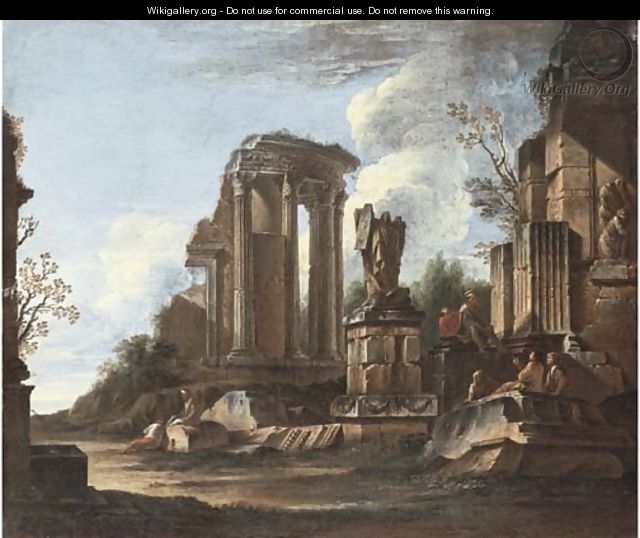 A capriccio with the Temple of the Sibyl at Tivoli and classical ruins - Giovanni Ghisolfi