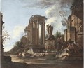 A capriccio with the Temple of the Sibyl at Tivoli and classical ruins - Giovanni Ghisolfi