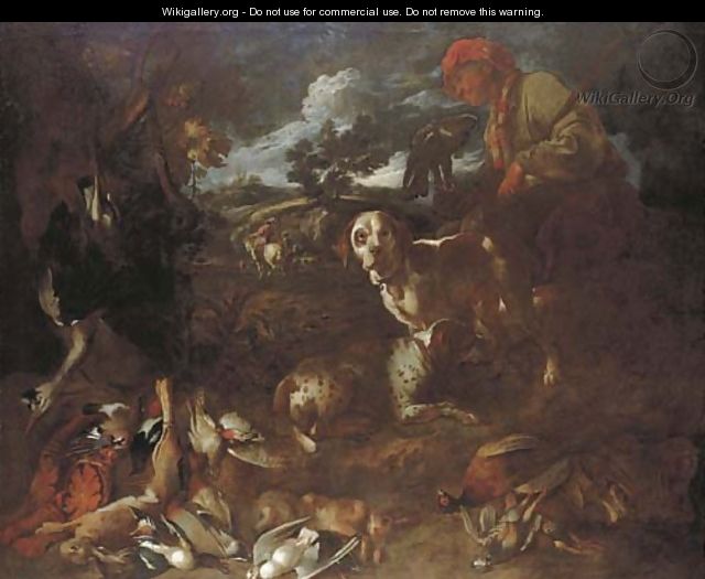 A wooded landscape with a falconer and two dogs with dead game, a huntsman beyond - Giovanni Francesco Castiglione