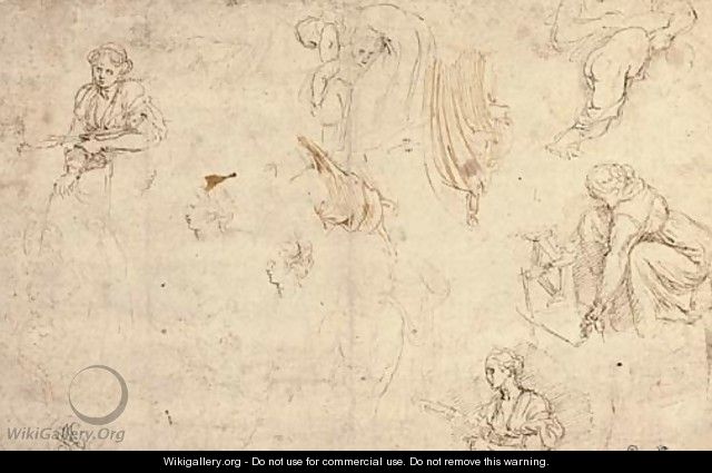 Three studies of a woman working wool, two studies of a woman and a child, two studies of drapery and two studies after the antique - Girolamo da Carpi