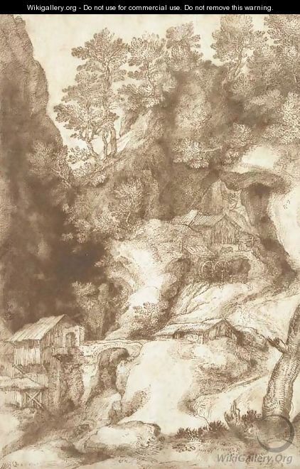 A rocky gorge with a mill - Girolamo Muziano