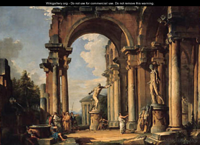 A capriccio of a ruined loggia with figures conversing by the Borghese Gladiator and the Apollo Belvedere, the Basilica of Maxentius - Giovanni Paolo Panini