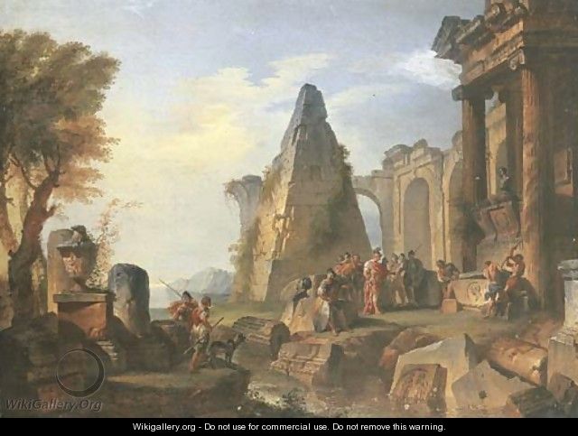 An architectural capriccio with Alexander visiting the Tomb of Achilles - Giovanni Paolo Panini