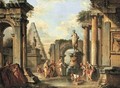 A capriccio of classical ruins with Diogenes throwing away his cup - Giovanni Paolo Panini