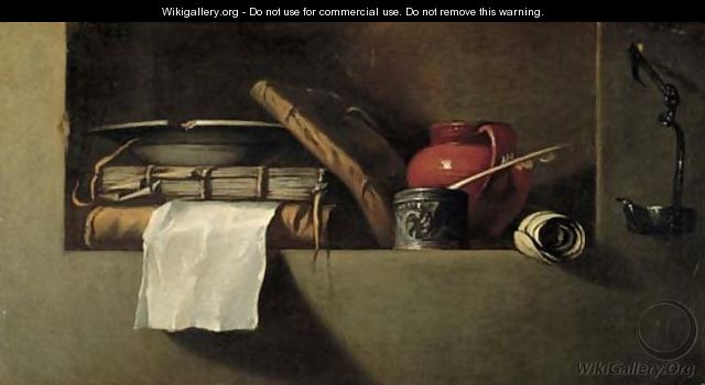 Books, a plate, an earthenware pitcher, an ink well and quill in a niche with an oil lamp on the wall nearby - Giovanni Battista Langetti