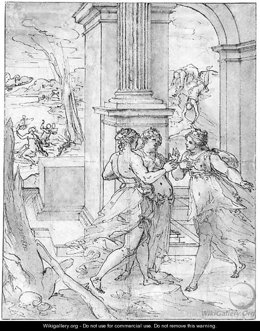 Three Women under a Portico, with Jupiter as a Swan flying towards Leda - Giovanni B. (Il Genvovese) Castello