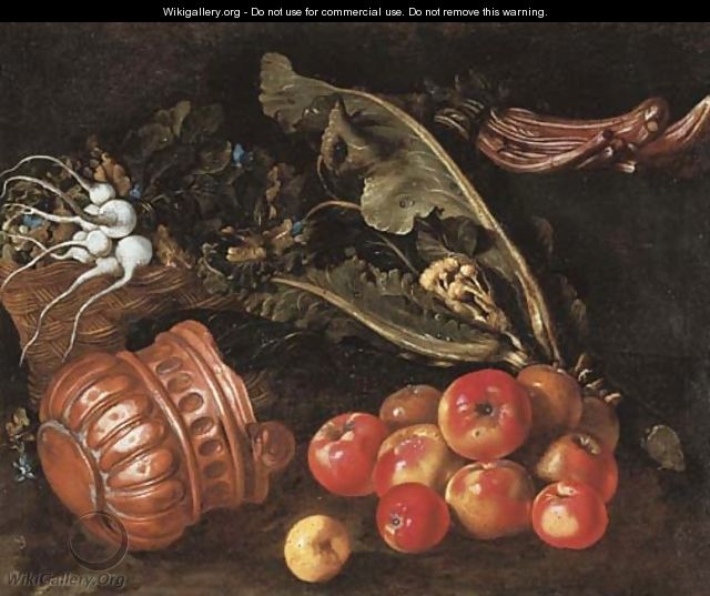 Turnips in a basket with cauliflower, cardoon, apples and a copper pot on a ledge - Giovanni Battista Ruoppolo