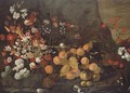 Oranges and lemons with tulips, chrysanthemums, lilies, peonies and other flowers in a vase, in a landscape with carnations and an orchid - Giovanni Battista Ruoppolo