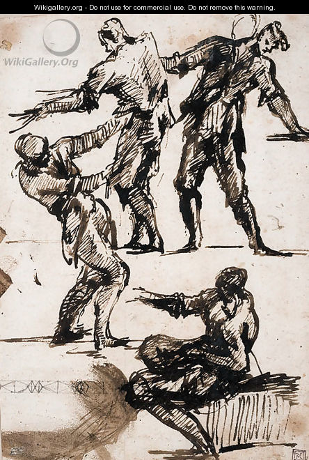 Studies of four figures, three standing and one seated pointing to the left, with a study of a bead and reel frieze - Giovanni Battista Piranesi