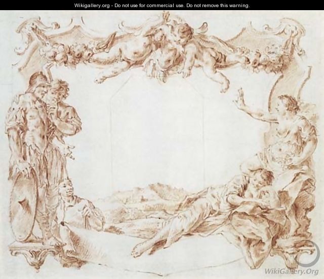 Design for a cartouche with putti holding a trophy above two soldiers spying on two reclining women, a landscape beyond - Giovanni Battista Piazzetta