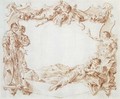 Design for a cartouche with putti holding a trophy above two soldiers spying on two reclining women, a landscape beyond - Giovanni Battista Piazzetta