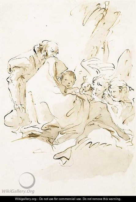 The Holy Family resting with two angels kneeling and offering food - Giovanni Battista Tiepolo