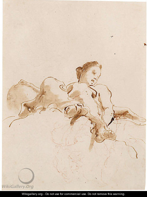 A seated female figure holding a globe, seen from below - Giovanni Battista Tiepolo