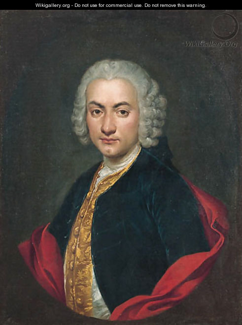 Portrait of a gentleman, half-length, in a blue velvet jacket, a gold-embroidered waistcoat and a red cape, in a feigned oval - Giacomo Ceruti (Il Pitocchetto)