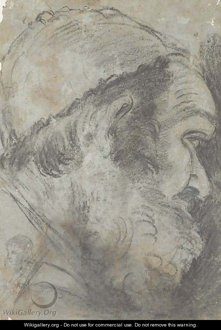Head of a bearded man in a cap, in profile to the right - Giacomo Cavedone