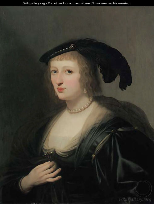 Portrait of Ursula van Solms, half-length, in a black dress and feathered hat, her crucifix in her right hand - Gerrit Van Honthorst