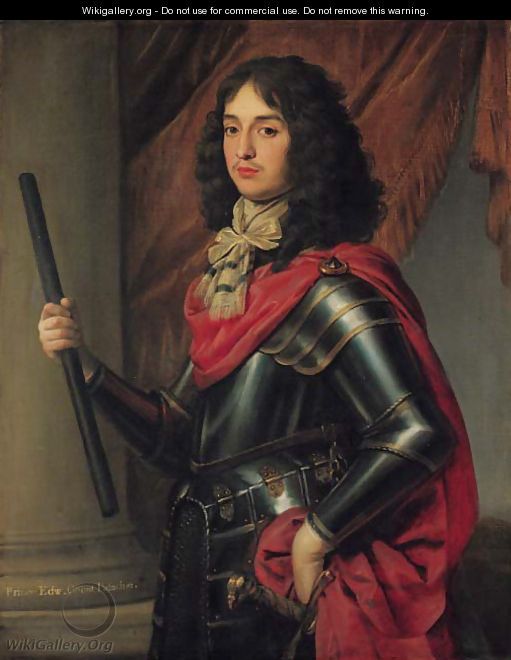 Portrait of Prince Edward of the Palatinate (1625-1663), three-quarter-length, in armour and a red mantle, a baton in his right hand, before a column - Gerrit Van Honthorst