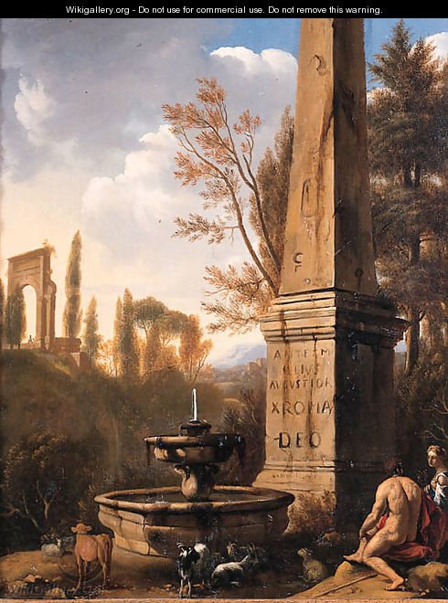 Shepherds resting by a fountain and an obelisk in an Arcadian landscape - Jan Gerritsz van Bronchorst