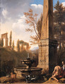 Shepherds resting by a fountain and an obelisk in an Arcadian landscape - Jan Gerritsz van Bronchorst