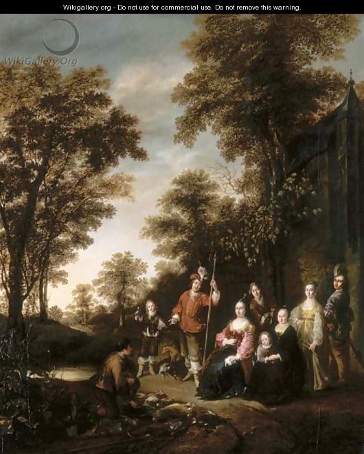 A family portrait in a landscape after a hunt - Gerrit Lundens
