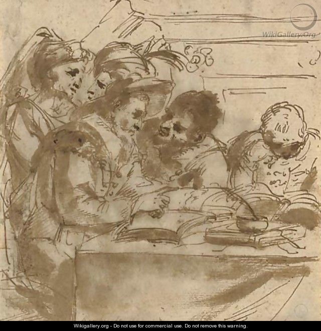 A group of figures at a table reading books - Gian Antonio Burrini