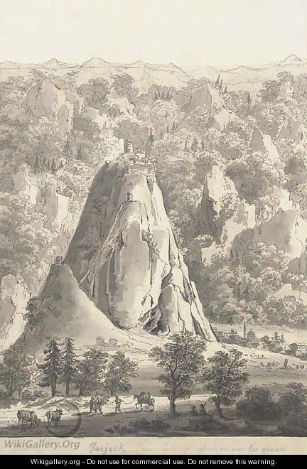 A mountainous landscape with a Genoese castle on a hill top, with a town at the bottom - Giacomo Quarenghi