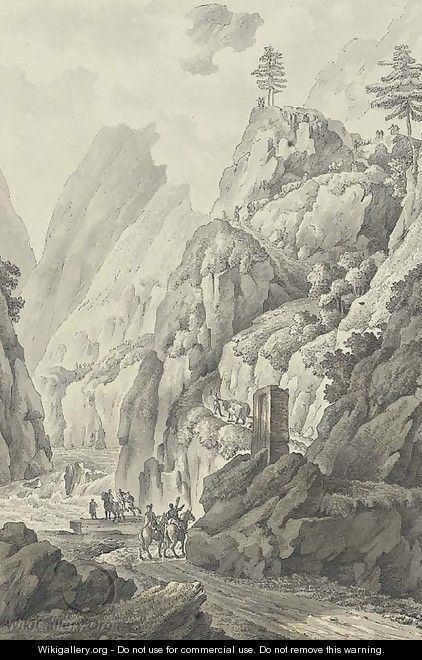 A gorge in the Caucasus, perhaps the valley of the Terek, with travellers on a road - Giacomo Quarenghi