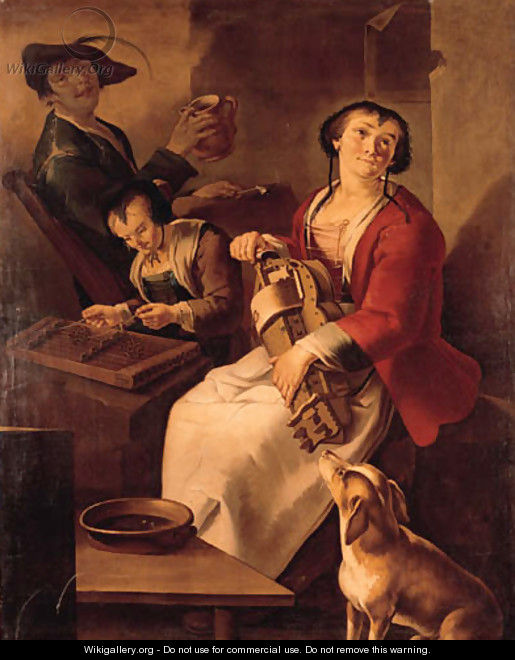 A peasant woman playing the hurdy-gurdy, a girl playing the dulcimer and drinking, a youth in a farmhouse - Giacomo Francesco Cipper