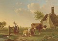 A milkmaid and her cows in a farmyard - Gillis Smak Gregoor