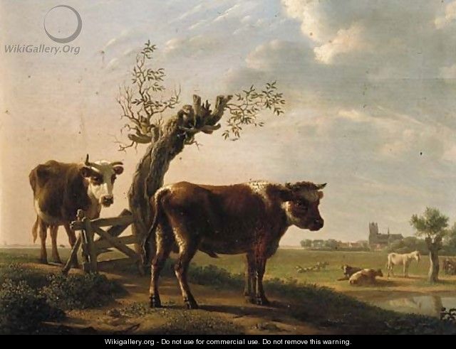 A bull and a cow by a pollarded willow, Dordrecht beyond, in summer - Gillis Smak Gregoor