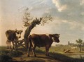 A bull and a cow by a pollarded willow, Dordrecht beyond, in summer - Gillis Smak Gregoor