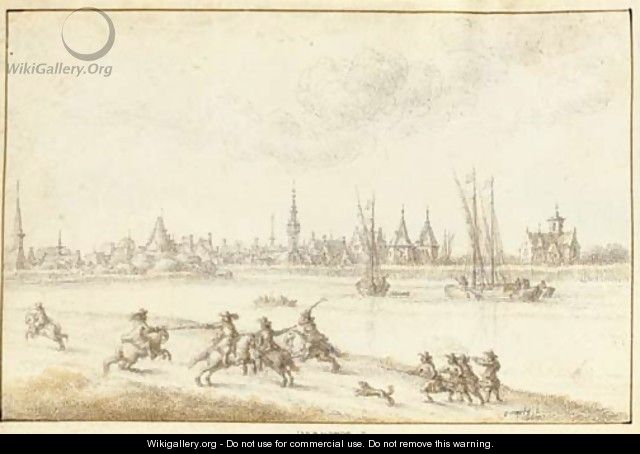 View of Dendermonde seen across the River Schelde, a cavalry skirmish in the foreground - Gilles Neyts