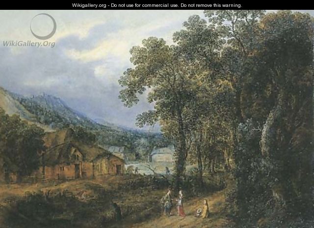 A Wooded Landscape With Figures On A Path, Farmhouses Beyond - Gilles Neyts