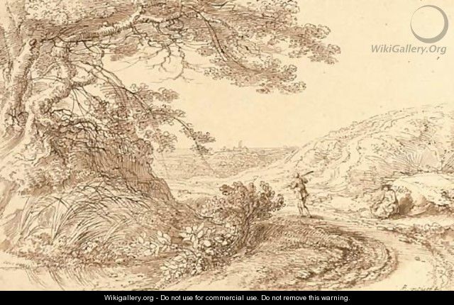 A landscape with a large tree overhanging a track, a traveller and a seated woman to the right - Gilles Neyts
