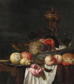 Grapes, pomegranates and plums in a Wanli 'kraak' porselein bowl, an orange and a partly peeled lemon on a pewter plate, peaches, cherries, bread - Jacob van Hulsdonck